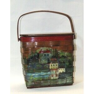 VTG 60s Hand‎ Painted Wooden Picnic Basket Handbag (Bonus 2 VTG Stamps)